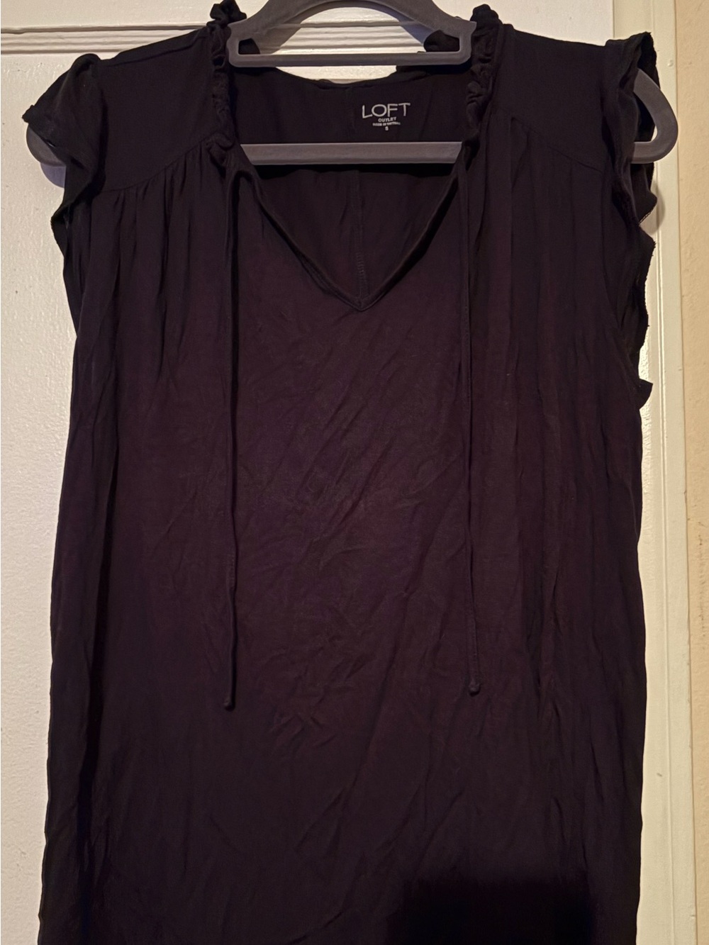 LOFT Black Tie-Neck Ruffle Trim T shirt